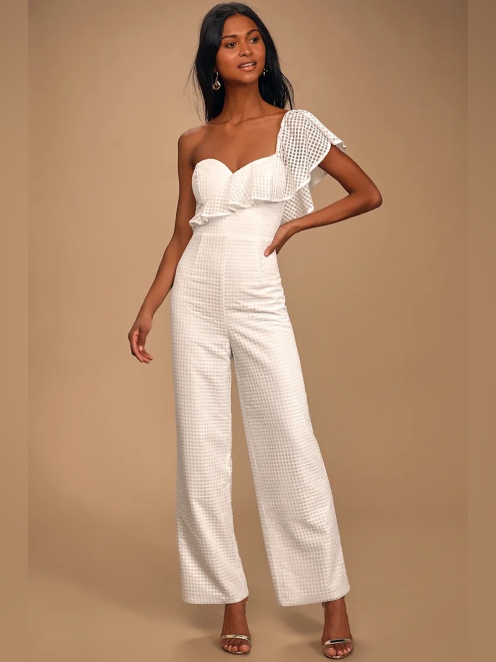 Lulus off the charts white grid print mesh one-shoulder jumpsuit wedding‎ shower